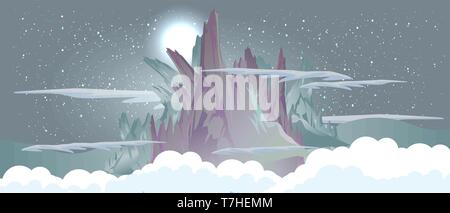 Mountain in the clouds at night with the moon and the stars landscape vector flat illustration design. Stock Vector