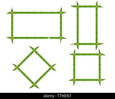 Set green bamboo frames of different shapes with ropes and place for text. Decoration wooden signboard vector flat illustration design. Stock Vector