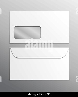 Envelope 3d vector realistic ad mockup white blank. Mail office template closed isolated illustration with window. Front and back letter postcard pape Stock Vector