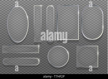 Realistic 3d transparent glass set vector illustration. Reflection frame texture glossy banner with shadow. Shiny clear mockup template. Stock Vector