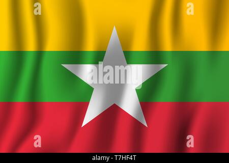 Myanmar realistic waving flag vector illustration. National country background symbol. Independence day. Stock Vector