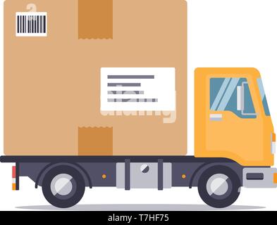 Delivery truck with giant parcel flat design isolated on white background vector illustration Stock Vector