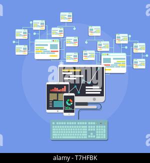 Design web interface website computer. Development responsive mobile, tablet, laptop UI screen. Digital technology site device vector. Banner sign net Stock Vector