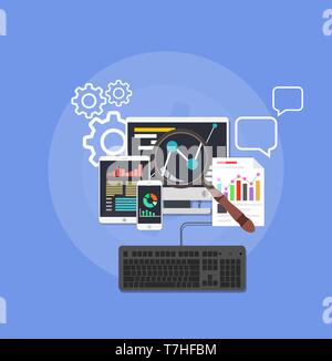 Background web design website development. Network concept information interface data symbol. Technology business work management on computer. SEO int Stock Vector