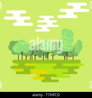 Flat forest green nature landscape background isolated vector. Natural tree beautiful tropical color. Summer season design organic botanical environme Stock Vector