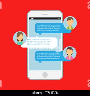 Communication online chat. Web notification messenger mobile speech isolated. App website dialog phone vector. Display message on device screen. Socia Stock Vector