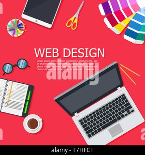 Design web interface website computer. Development responsive mobile, tablet, laptop UI screen. Digital technology site device vector. Banner sign net Stock Vector