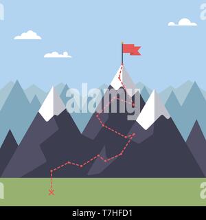 Path to flag on mountain peak flat design vector illustration. Way to success concept. Stock Vector
