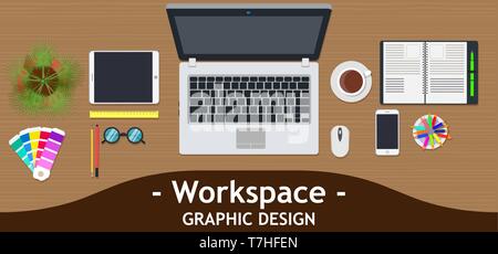 Graphic designer workspace office. Creative desk work vector. Business design art table studio concept top view. Flat color background technology. Ins Stock Vector