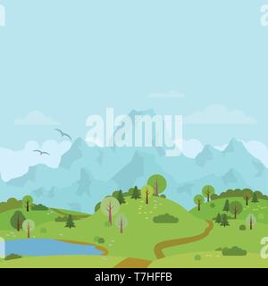 Mountain landscape with small lake between rolling hills vector illustration Stock Vector