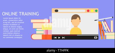 Online training education business technology. College web library course vector. Webinar video icon flat service school concept study. Elearning digi Stock Vector
