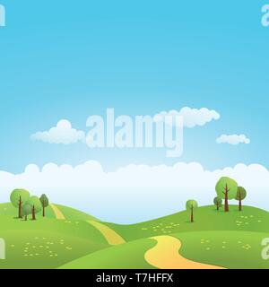 Spring landscape with path through rolling hills vector illustration Stock Vector