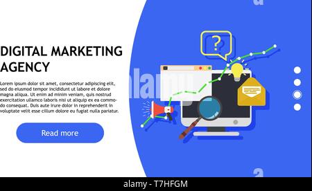 Digital marketing agency creative design business promotion. Vector office advertising project sign ad. Commercial management network information sale Stock Vector