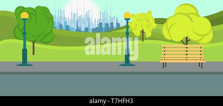Public park city vector. Leisure season environment landscape natural with bench background. Playground summer flat relax activity illustration fun. O Stock Vector