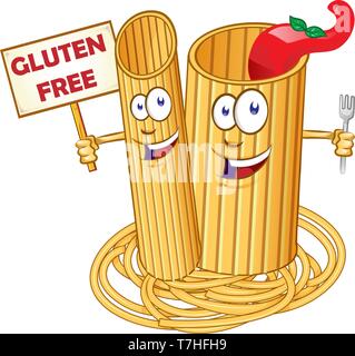 pasta food , Cute cartoon character with signboard cartel gluten free Stock Vector