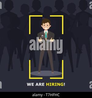 We are hiring recruitment sign. Man employer background flat. Job happy candidate vector grpahic. Concept isolated business resources career. Company  Stock Vector