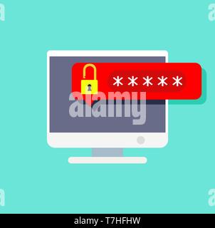 PC computer password communication vector. Symbol screen sign internet system device modern icon. Code secure app protect equipment. Person desktop pr Stock Vector
