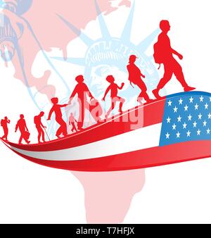USA flag with immigration people on american map.illustration Stock Vector