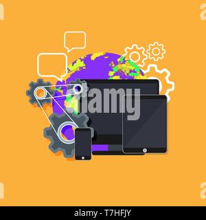 Design web interface website computer. Development responsive mobile, tablet, laptop UI screen. Digital technology site device vector. Banner sign net Stock Vector