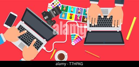 Creative office team people design. Business teamwork success vector background. Technology cooperation brainstorming concept illustration flat. Profe Stock Vector