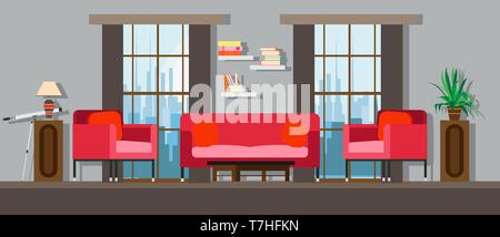 Interior living room home furniture design. Modern house apartment sofa vector. Flat bright window, table, wall decor. Illustration floor concept lamp Stock Vector