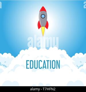 School education study vector university symbol concept. Rocket icon knowledge sign science background. Isolated learn college technology research des Stock Vector
