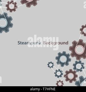 Steampunk background vintage style graphic. Old metal cog gear texture machine symbol vector. Retro frame design decoration engineering wheel. Industr Stock Vector