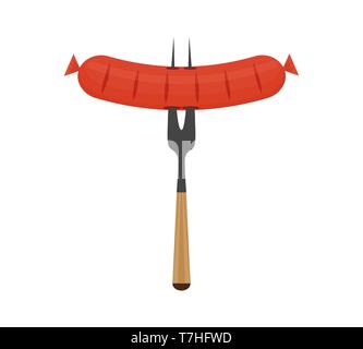 Oktoberfest sausage on fork vector grilled delicious kitchen concept menu. Hot tasty isolated graphic icon object. Summer party equipment picnic banne Stock Vector