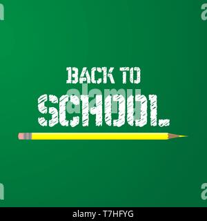 Back to school vector education background.  Kids knowledge equipment creative text drawing. Art illustration happy study banner on green chalkboard d Stock Vector