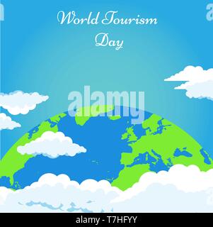World tourism day background with green Earth and clouds vector illustration poster Stock Vector