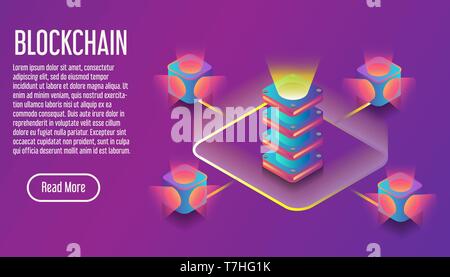 Blockchain isometric 3D virual commerce banner. Design service communication binary vector illustration. Stock Vector
