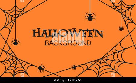 Halloween celebration orange background art. Invitation greeting card with web and spider vector. Stock Vector