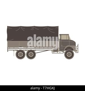 Truck military vintage vector flat vehicle icon isolated auto big car heavy illustration lorry cartoon Stock Vector