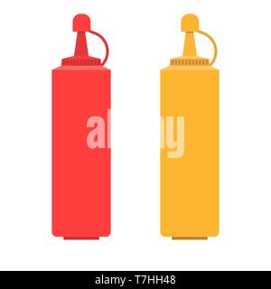 Ketchup bottle container ingredient product spice flat vector. Gourmer kitchen tomato sauce food Stock Vector