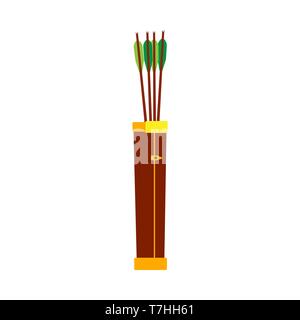 Arrow quiver bow feather design vintage vector icon. Cartoon native archery equipment game elf fantasy Stock Vector