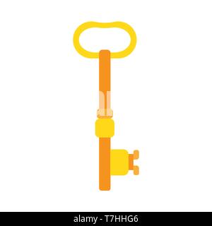 Key golden vector safety icon. Protection secure house shape closeup isolated. Simple vintage flat symbol Stock Vector