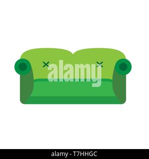 Sofa green front view vector flat icon. Comfortable room couch intrerior furniture concept. Indoor soft bed Stock Vector