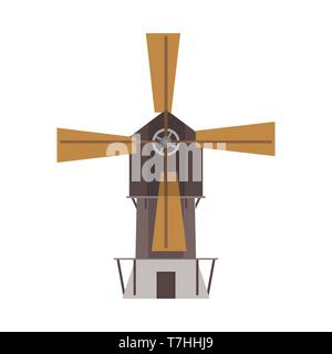 Windmill technology industry vector front view. Environmental flat power wind farm field wheat icon. Stock Vector