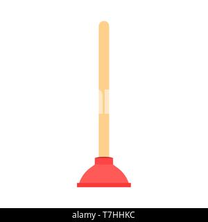 Plunger red flat rubber clean work toilet WC vector icon. Hand pump blocked unclog repair. Water pipe tool equipment Stock Vector