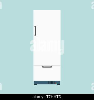 White fridge fresh domestic electric freeze furniture icebox. Refrigerator front view vector flat icon Stock Vector