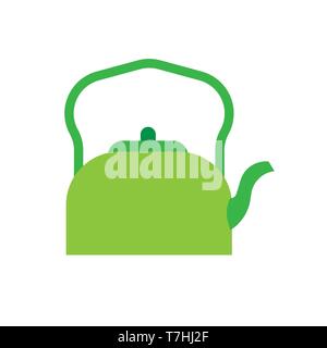 Teapot green side view vector icon. Traditional symbol tea art. Handle decorative flat kitchenware kettle pot Stock Vector