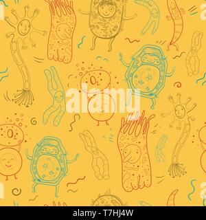 Vector biological seamless pattern with animal and plant cells and chromosomes. Contour illustration for school and kids. Stock Vector