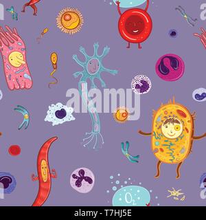 Vector biological seamless pattern with human cells and chromosomes. Illustration for school and kids. Stock Vector