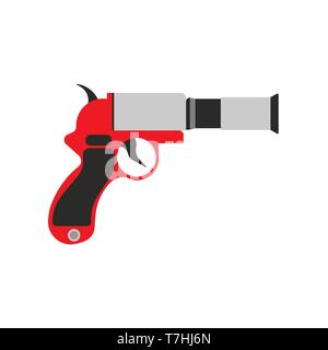 Flare gun pistol signal sos vector icon warning. Emergency fire shoot target smoke isolated. Orange 911 launcher Stock Vector