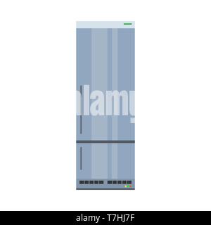 Blue fridge fresh domestic electric freeze furniture icebox. Refrigerator front view vector flat icon Stock Vector