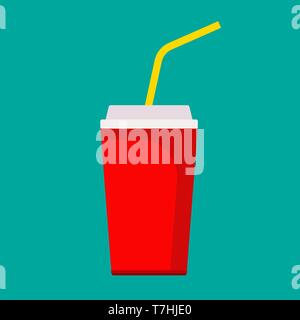 Soda cup fresh sweet red flat container cartoon drink. Unhealthy fastfood vector icon beverage. Paper fizzy takeaway Stock Vector