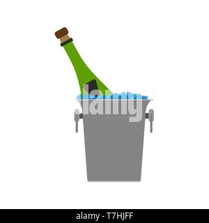 Champagne ice bucket set beverage event anniversary vector icon. Cooling flat glass bottle silhouette fridge Stock Vector
