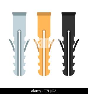 Dowel set carving sharp screw construction wall bolt vector icon. Equipment tool industry repair fix flat plastic pin anchor Stock Vector