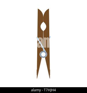 Сlothes pin hang line equipment clamp vector icon. Flat wooden household dry peg tool. Vintage attach dress laundry Stock Vector