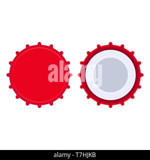 Bottle cap red liquid object set clean template. Beer circle pictogram flat vector icon top view. Metal badge  soda Stock Vector